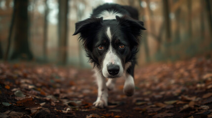 Fototapeta premium Lost Border Collie: Determined Dog Walking in Realistic Forest Scene on a Hiking Trail in the Woods