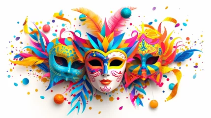 Papier Peint photo autocollant Carnaval Dynamic carnival design showcasing colorful masks and playful decorations against a clean white background generative ai