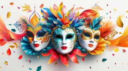 Papier Peint photo Carnaval Dynamic carnival design showcasing colorful masks and playful decorations against a clean white background generative ai