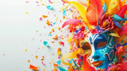 Photo sur Plexiglas Carnaval Dynamic carnival design showcasing colorful masks and playful decorations against a clean white background generative ai