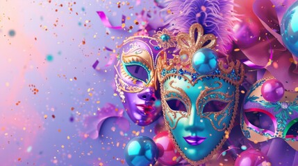 Dynamic carnival design with energetic masks and festive ornaments against a captivating lavender background, generative ai