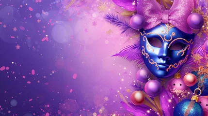 Photo sur Plexiglas Carnaval Dynamic carnival design with energetic masks and festive ornaments against a captivating lavender background, generative ai