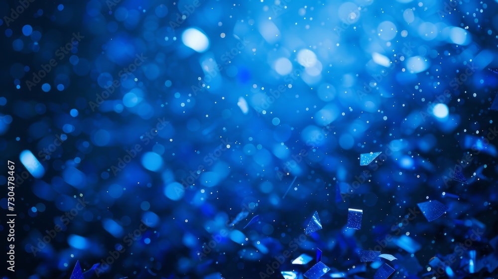 Wall mural dynamic royal blue bokeh confetti gently cascading on a deep blue background, generative ai