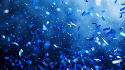 Dynamic royal blue bokeh confetti gently cascading on a deep blue background, generative ai