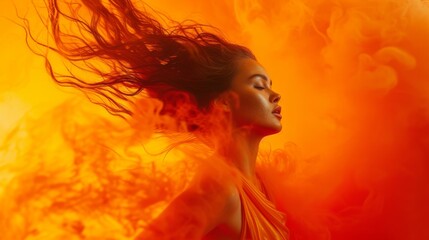 Dynamic studio capture of a woman in motion, surrounded by a bold orange background, generative ai
