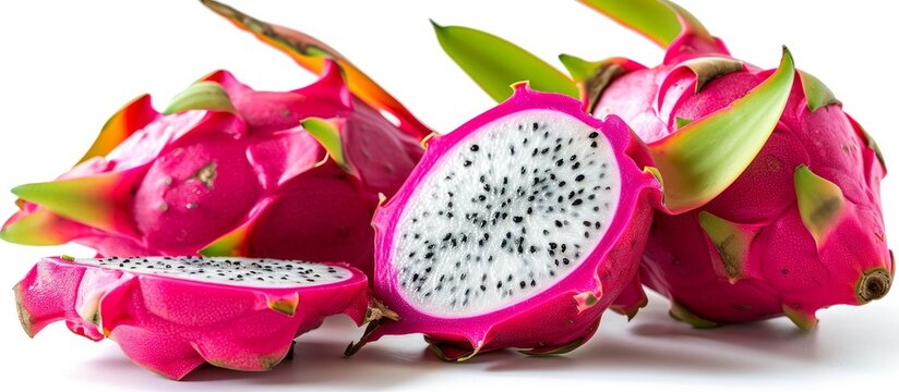 Dragon fruit, also known as pitaya or pitahaya, shown on a white background, promoting the idea of a healthy fruit.