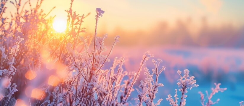 Beautiful frost covered plants at morning sunrise winter background. AI generated image