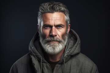 Portrait of a handsome mature man with gray beard and mustache wearing hoodie.