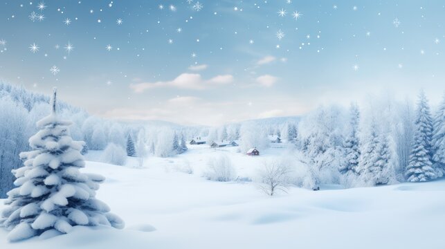 View of hills with pine trees covered in thick snow in winter. Landscape background wallpaper.