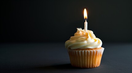 Elegant studio capture of a vanilla cupcake with luscious white frosting and a single candle generative ai