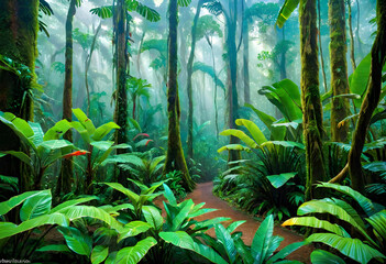 Tropical Rainforest. Jungle. Greenery. Lush. Biodiverse. Nature. Wildlife. Flora. Fauna. Dense. Canopy. Ecosystem. Exotic. Humid. Vibrant. Tropical Climate. AI Generated.
