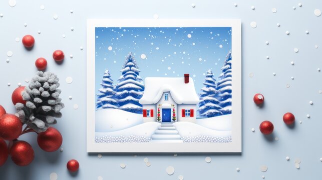Winter greeting card Mockup template, with image of snowy village house. Pine tree background.