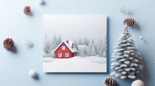 Winter greeting card Mockup template, with image of snowy village house. Pine tree background.