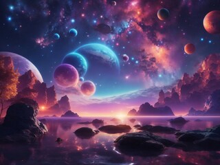 "Dreamy Celestial Landscape: Imbue Your Reality with the Mesmerizing Aura of AI-Infused Splendor, as Celestial Bodies Dance Across a Surreal Sky, Transforming Your Photograph into an Enchanting Dreams