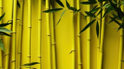Fototapeta na wymiar Yellow bamboo plant in tropical rainforest of Asia, with green leaves growing abundantly. Nature oriental background wallpaper.