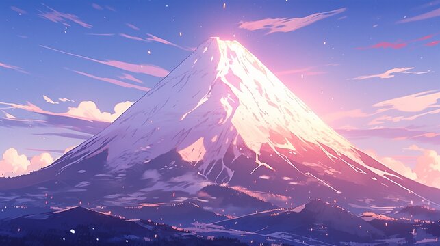 A majestic snowy mountain glows with the pink hues of dawn, under a sky with streaks of clouds and falling stars