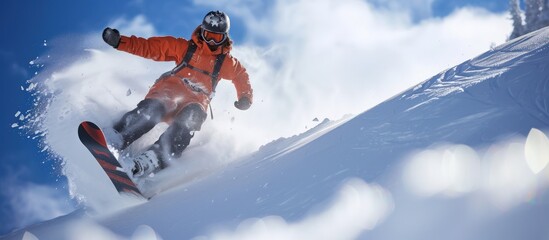 Snowboarder on extreme sport doing trick jump in snowy hill at winter. AI generated image