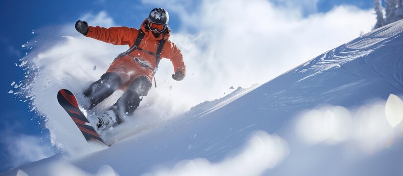 Snowboarder on extreme sport doing trick jump in snowy hill at winter. AI generated image