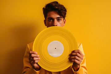 Young  man wearing costume holding old vinyl retro record. Vinyl gramophone record on yellow background. 80s and 90s style. Disco party. Love music concept - obrazy, fototapety, plakaty