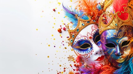Festive carnival arrangement showcasing lively masks and decorations on a sophisticated white background, generative ai