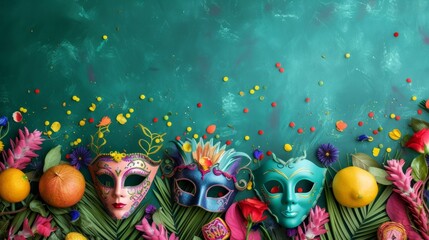 Festive carnival arrangement with vibrant masks and celebratory decorations against a lively green background, generative ai
