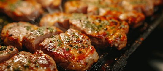 Grilling pork on a hot pan for a party, cooking roast meat with smoky flavors, showcasing a delicious menu of close-up food photos.