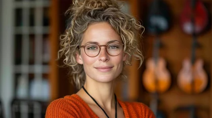 Papier Peint photo Magasin de musique  Smiling woman with curly hair and glasses in a music store.
