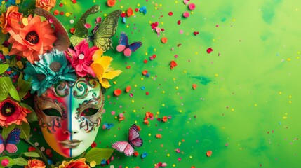 Fototapeta na wymiar Festive carnival arrangement with vibrant masks and celebratory decorations against a lively green background, generative ai