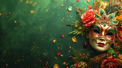 Festive carnival arrangement with vibrant masks and celebratory decorations against a lively green background, generative ai