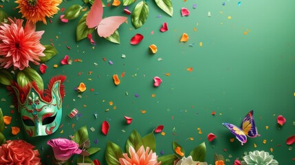 Obraz na płótnie Canvas Festive carnival arrangement with vibrant masks and celebratory decorations against a lively green background, generative ai