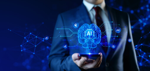 AI and Business: businessman uses neural networks. Digital brain hologram with icons