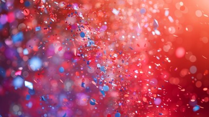 Festive holographic confetti arrangement on a dynamic red backdrop, generative ai