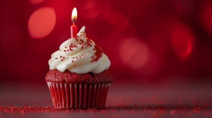 Festive red velvet cupcake topped with a single candle generative ai