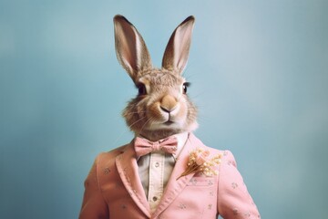 rabbit dressed as a hipster standing on a colored background