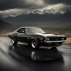 Fototapeta na wymiar Classic muscle car with a sleek, polished body, racing down an open highway with mountains in the background. 