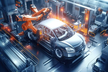 Obraz premium EV Car Factory, Auto Robot Arm Assembly, Industrial Production Car