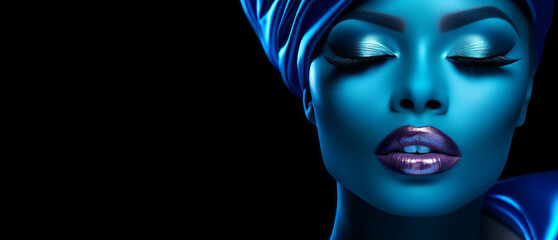 Beautiful woman with blue turban on her head.