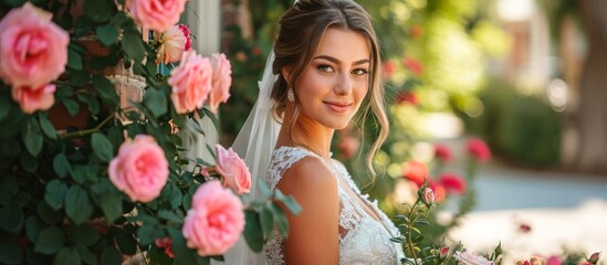 Bride posing near pink rose bushes on the street.