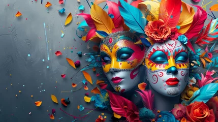 Crédence de cuisine en verre imprimé Carnaval Lively carnival design with dynamic masks and celebratory ornaments against a modern and sleek gray background generative ai