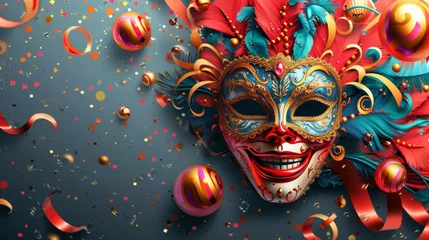 Foto op Plexiglas Carnaval Lively carnival design with dynamic masks and celebratory ornaments against a modern and sleek gray background generative ai