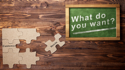 Text of 'What do you want?' on the chalkboard with customer needs text on a jigsaw puzzle piece
