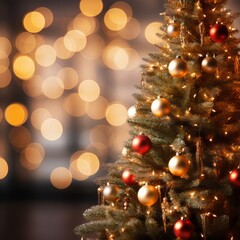 Christmas tree with golden and red baubles on bokeh background