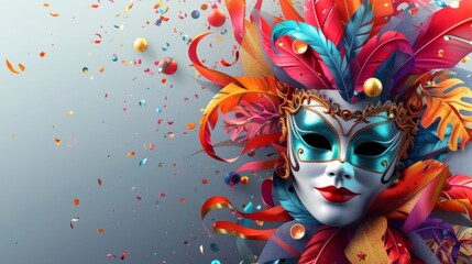 Lively carnival design with dynamic masks and celebratory ornaments against a modern and sleek gray background generative ai