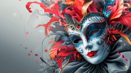 Lively carnival design with dynamic masks and celebratory ornaments against a modern and sleek gray background generative ai