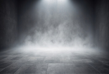 room with mist fog, stage for presenting products, grey smoke background - obrazy, fototapety, plakaty
