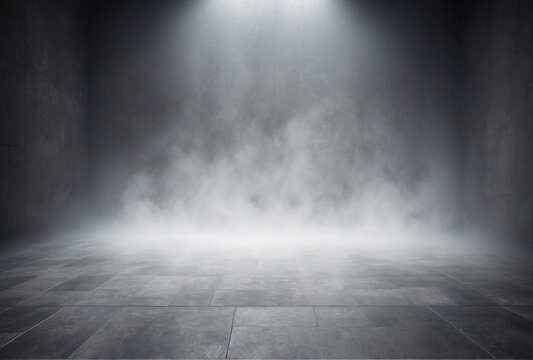 room with mist fog, stage for presenting products, grey smoke background