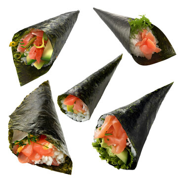 Japanese temaki sushi set on a white background