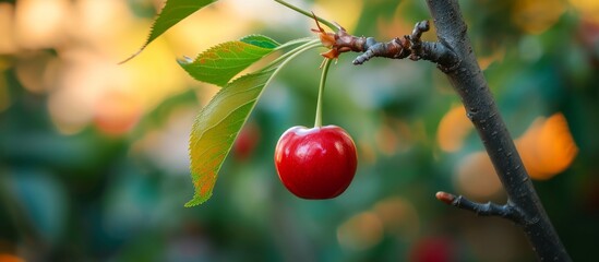 Obraz premium An immature cherry on a branch amidst a blurry garden backdrop.