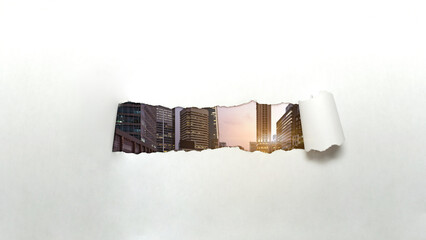 Ripped paper with an outdoor view. Leave the comfort zone