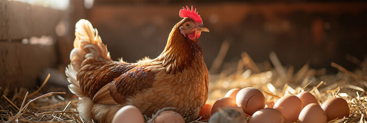 mother hen incubates eggs on the farm .A chicken sits next to fresh eggs in a chicken coop lined with straw. - obrazy, fototapety, plakaty